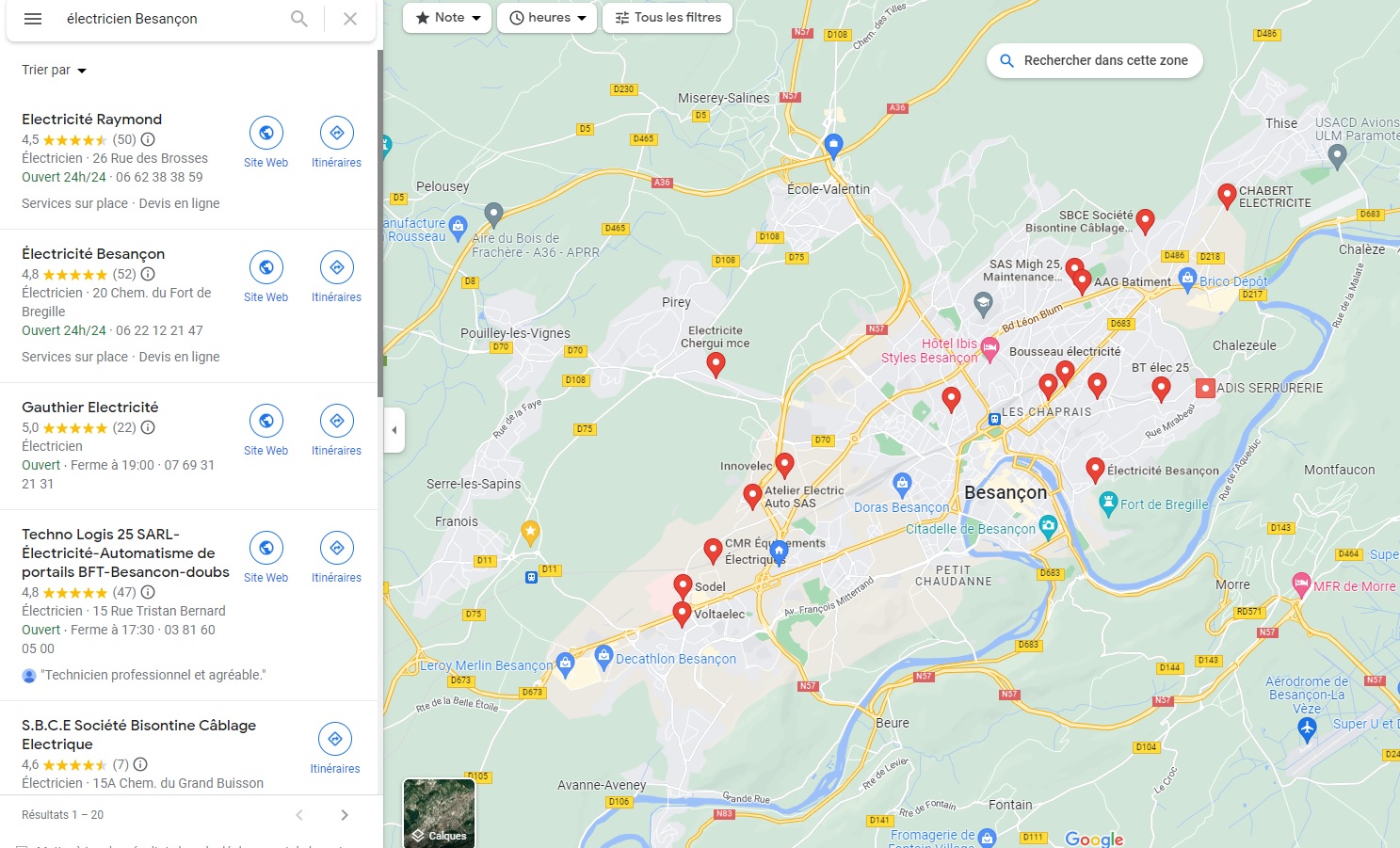 électriciens de Besançon sur Google Maps